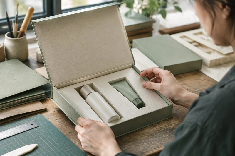 Ein Verpackungsdesigner prüft Musterprodukte in einem passgenauen Einsatz einer Geschenkbox